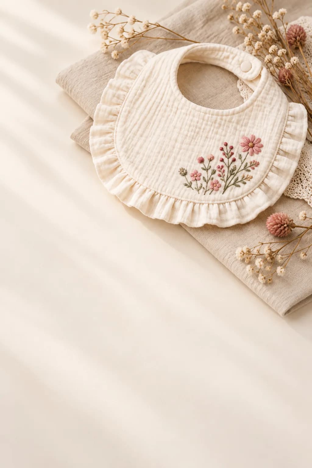 Haklapp i muslin med broderade vildblommor på vikt linne
